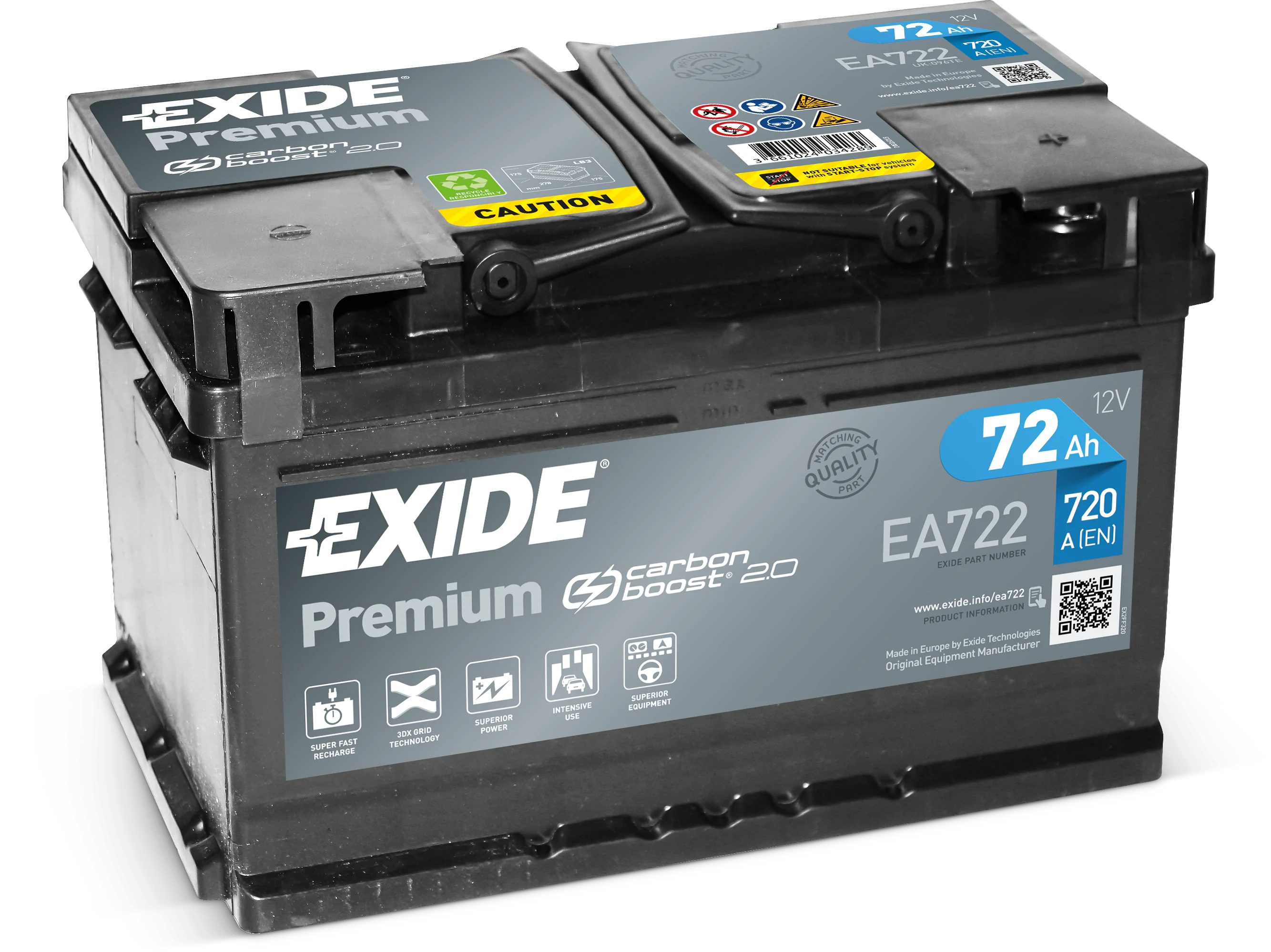 Aku 72Ah 720A 276x175x175mm Exide Premium EA722